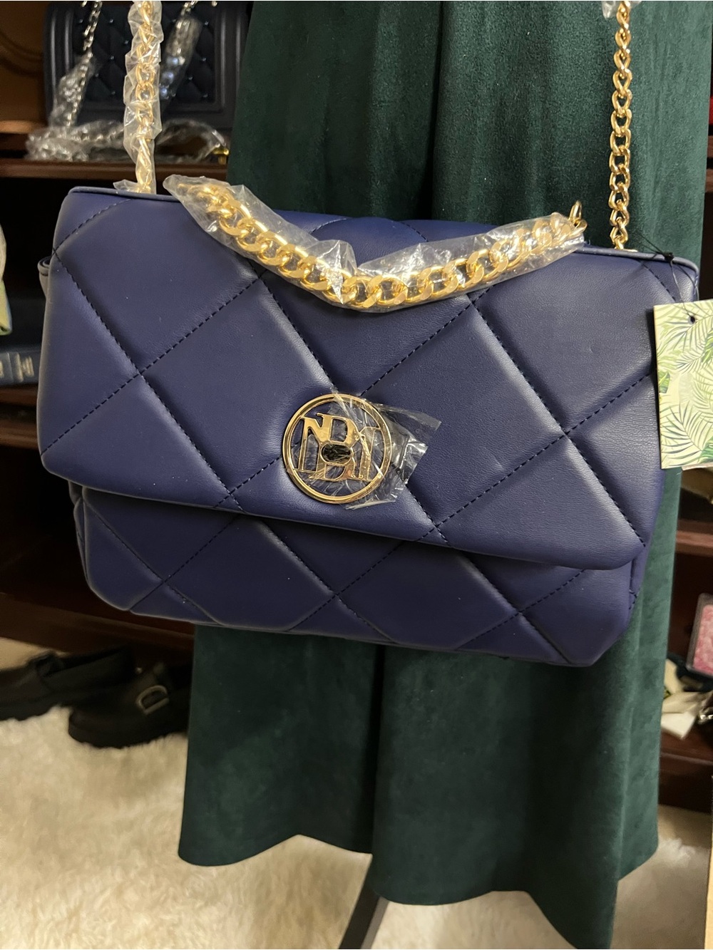 Badgley Mischka Large Navy Quilted 2-Way Satchel